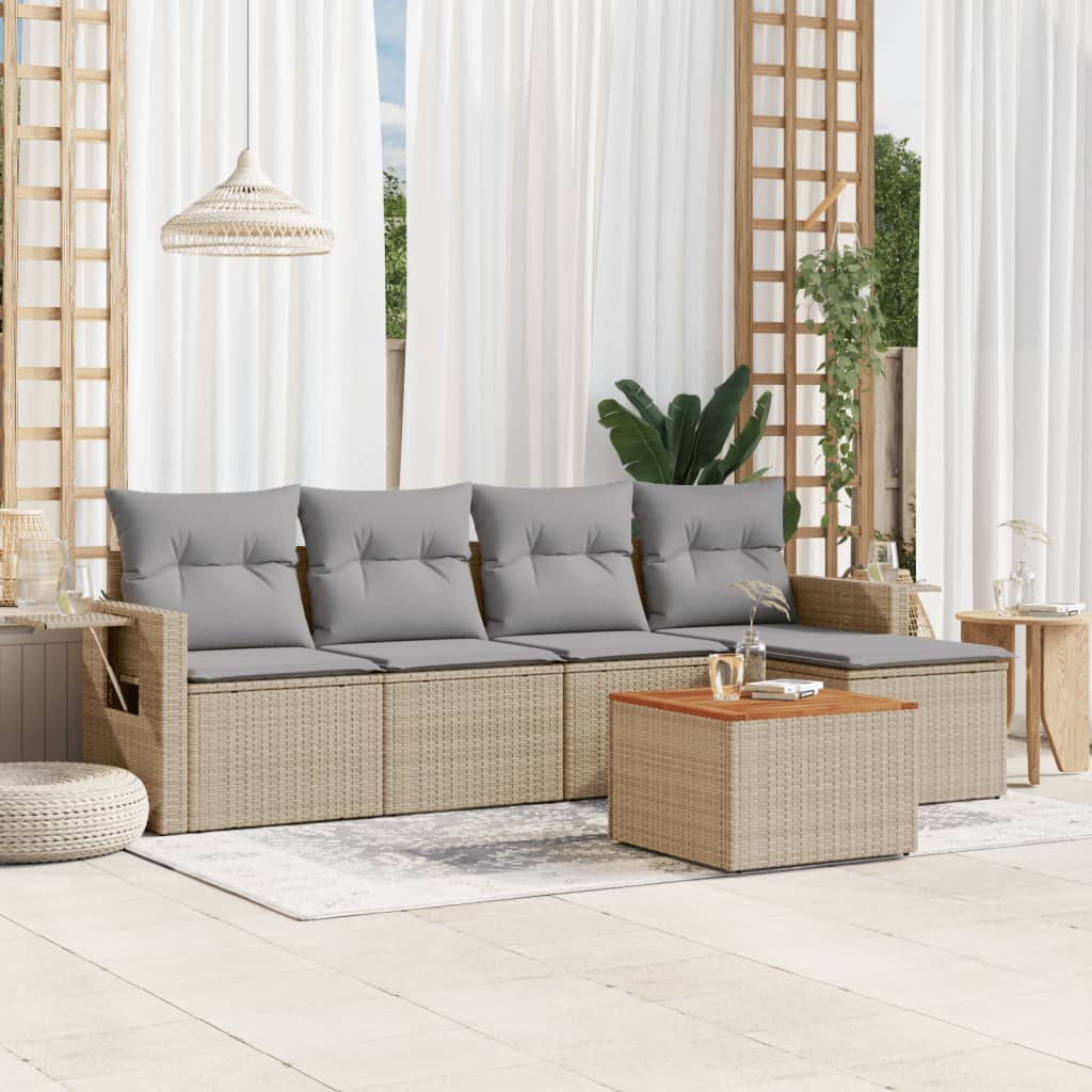 6-delige Loungeset met kussens poly rattan beige