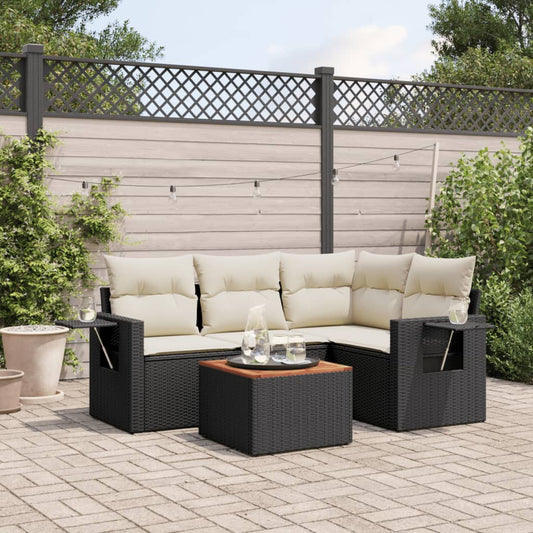 5-delige Loungeset met kussens poly rattan zwart