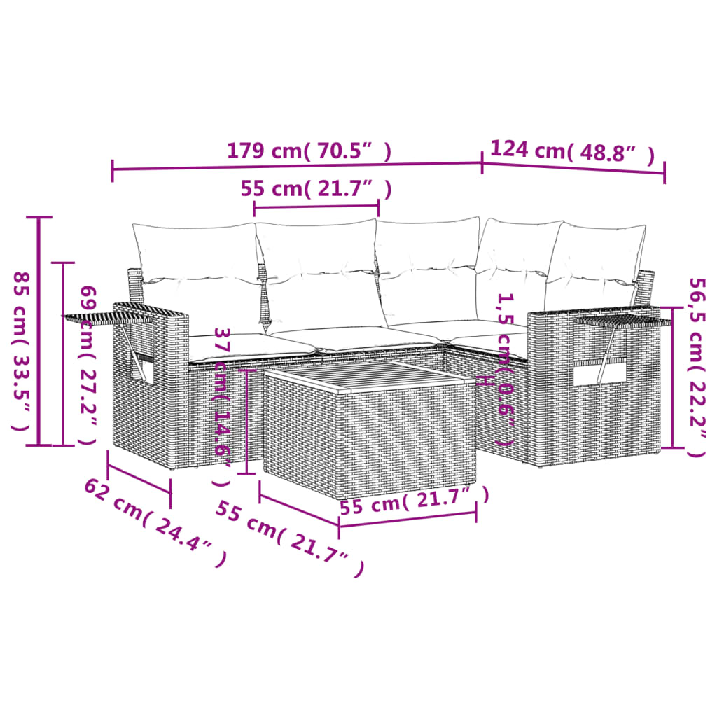 5-delige Loungeset met kussens poly rattan beige