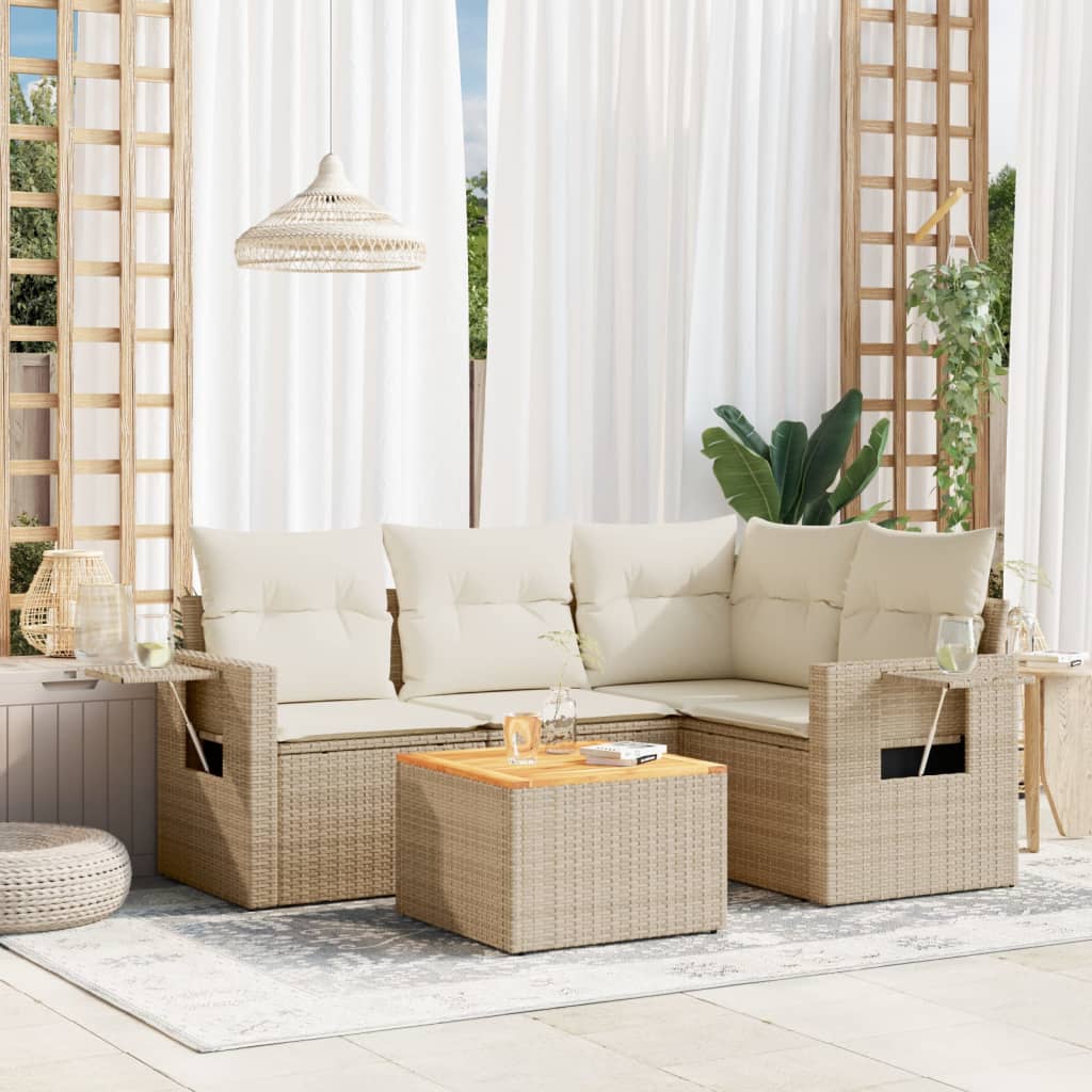 5-delige Loungeset met kussens poly rattan beige