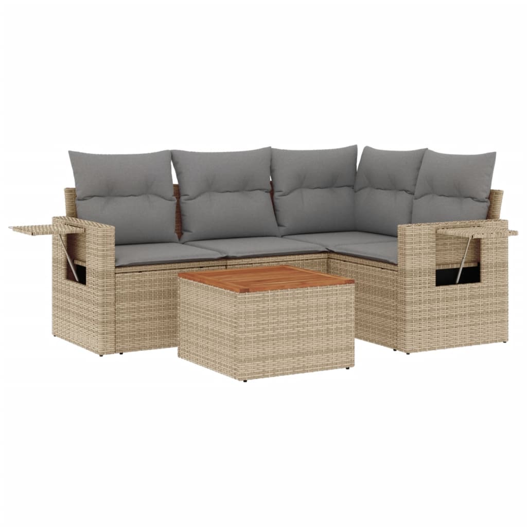 5-delige Loungeset met kussens poly rattan beige