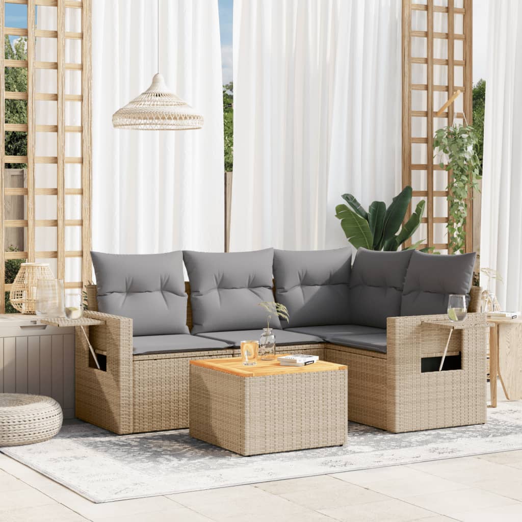 5-delige Loungeset met kussens poly rattan beige