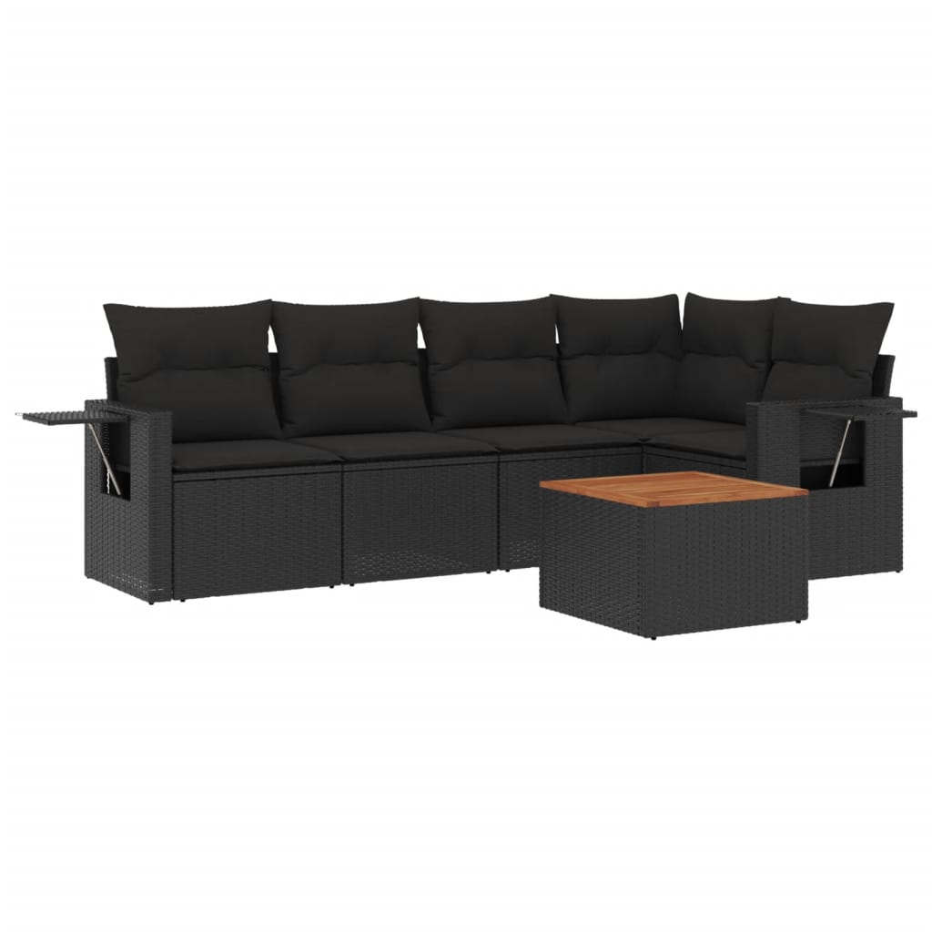 6-delige Loungeset met kussens poly rattan zwart