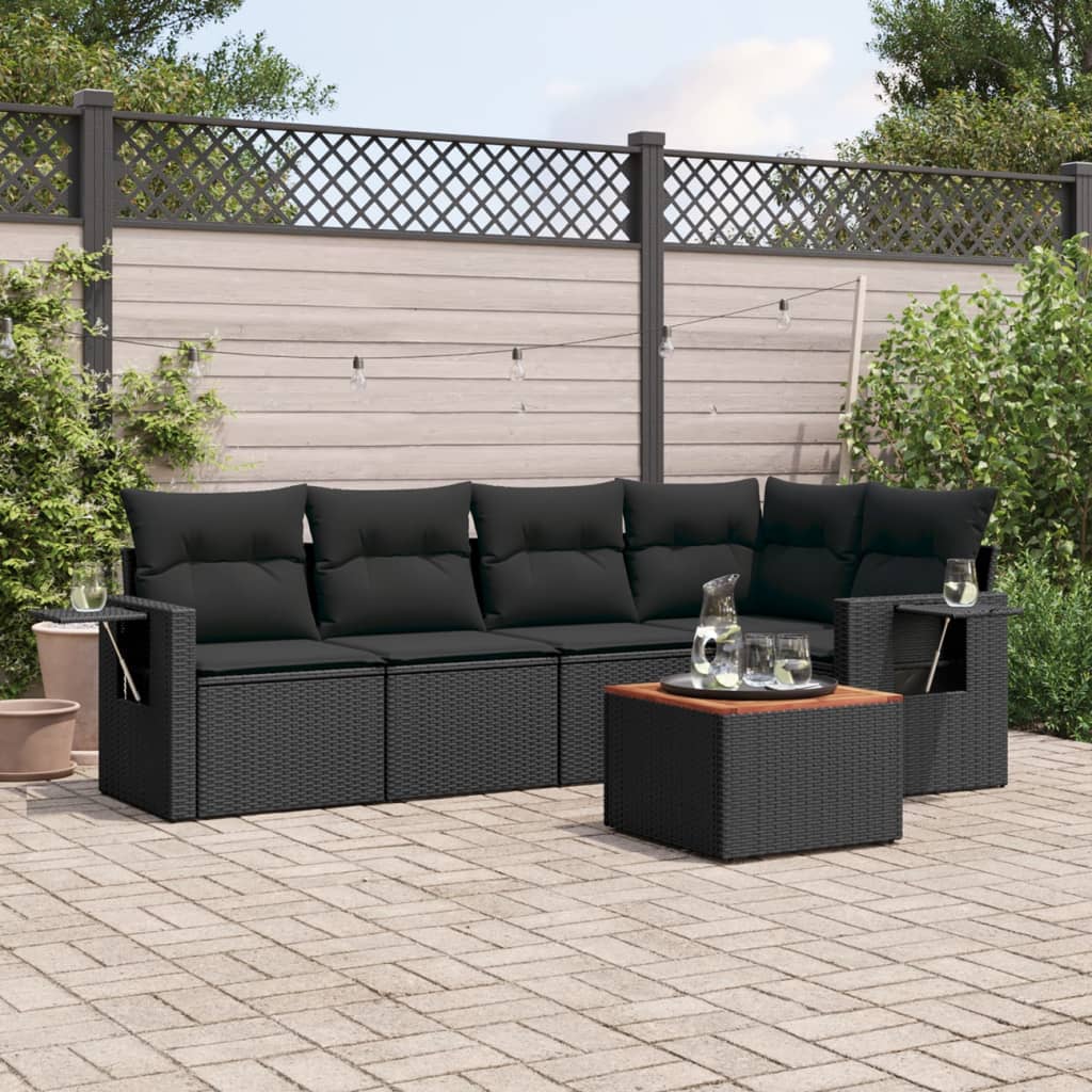 6-delige Loungeset met kussens poly rattan zwart