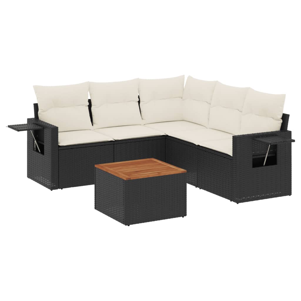 6-delige Loungeset met kussens poly rattan zwart