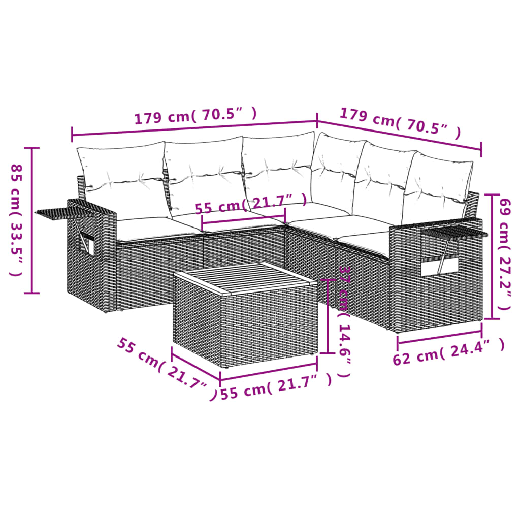 6-delige Loungeset met kussens poly rattan zwart