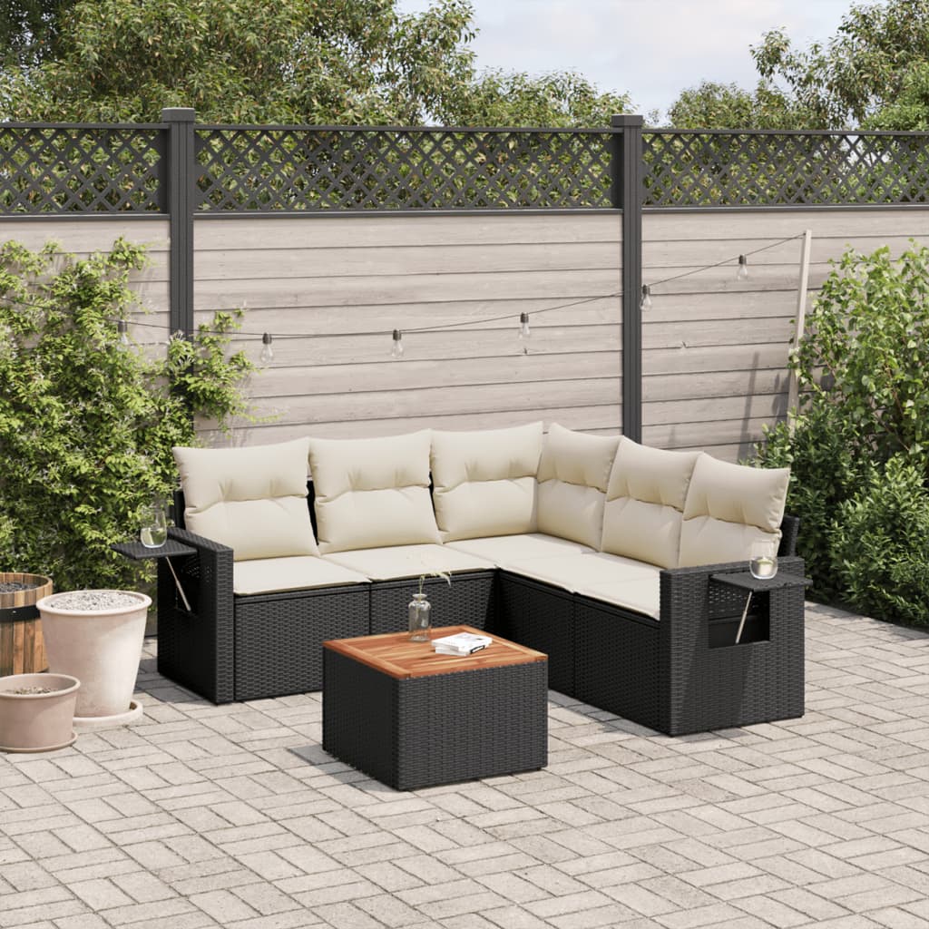 6-delige Loungeset met kussens poly rattan zwart