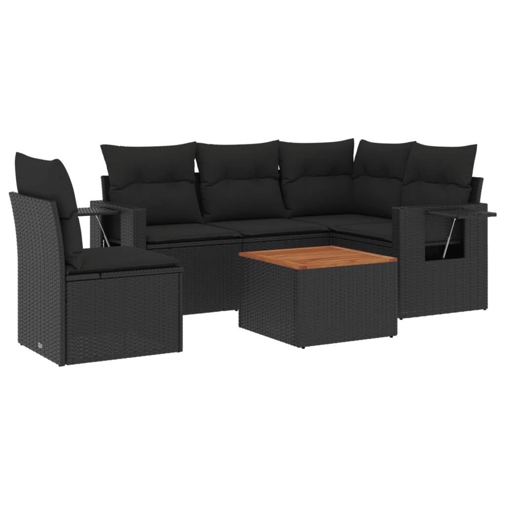 6-delige Loungeset met kussens poly rattan zwart