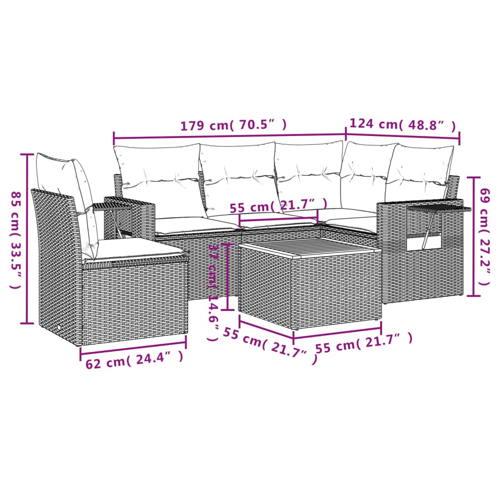 6-delige Loungeset met kussens poly rattan zwart