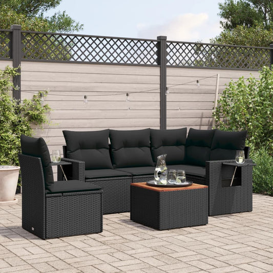 6-delige Loungeset met kussens poly rattan zwart