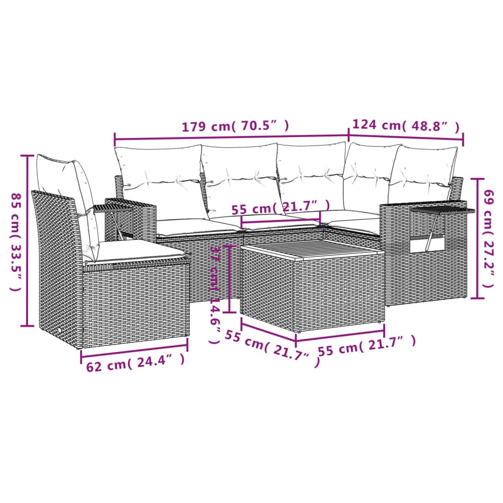 6-delige Loungeset met kussens poly rattan beige