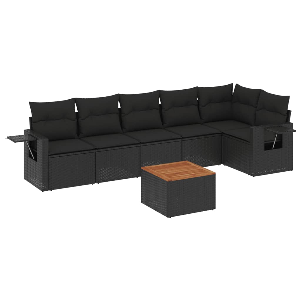 7-delige Loungeset met kussens poly rattan zwart