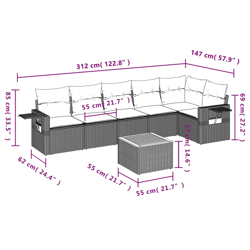 7-delige Loungeset met kussens poly rattan zwart