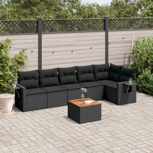 7-delige Loungeset met kussens poly rattan zwart