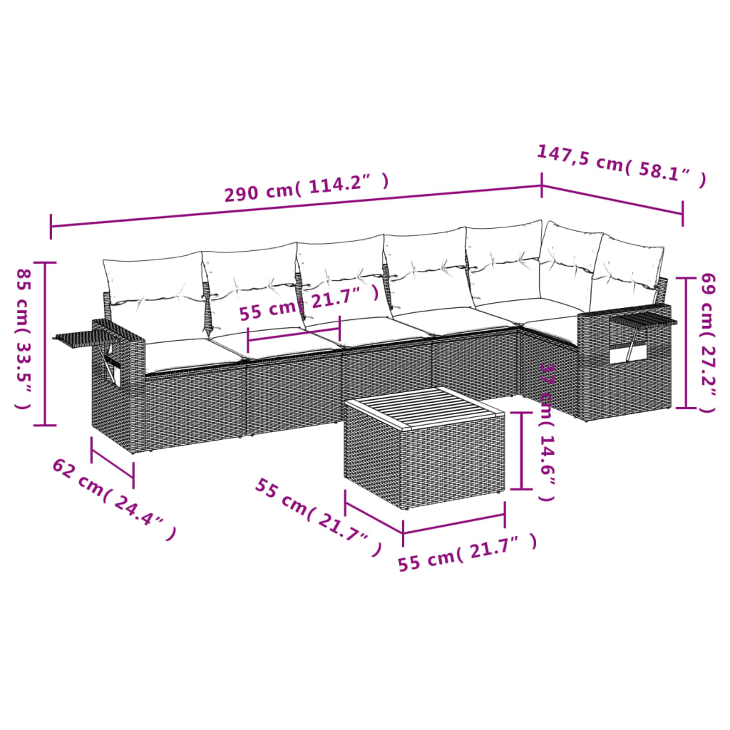 7-delige Loungeset met kussens poly rattan beige