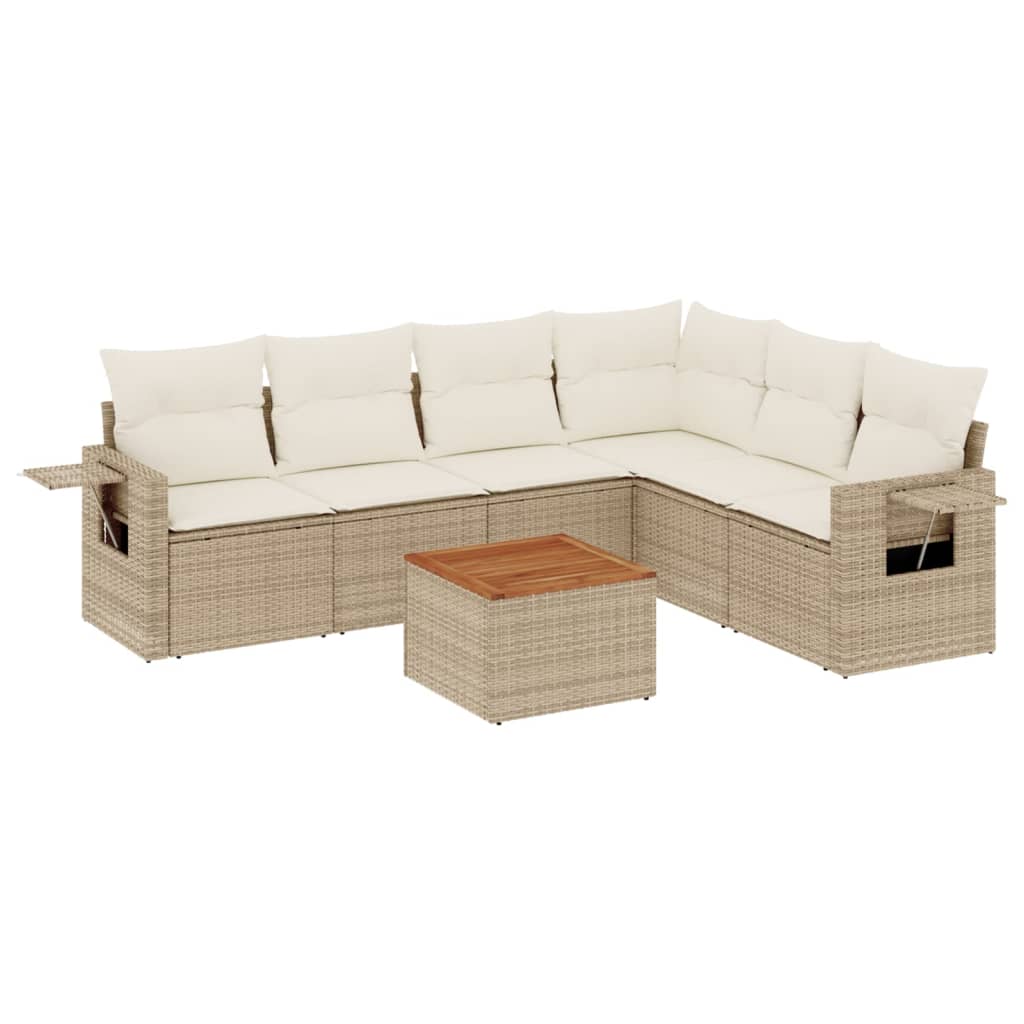 7-delige Loungeset met kussens poly rattan beige