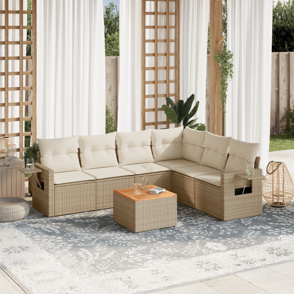 7-delige Loungeset met kussens poly rattan beige