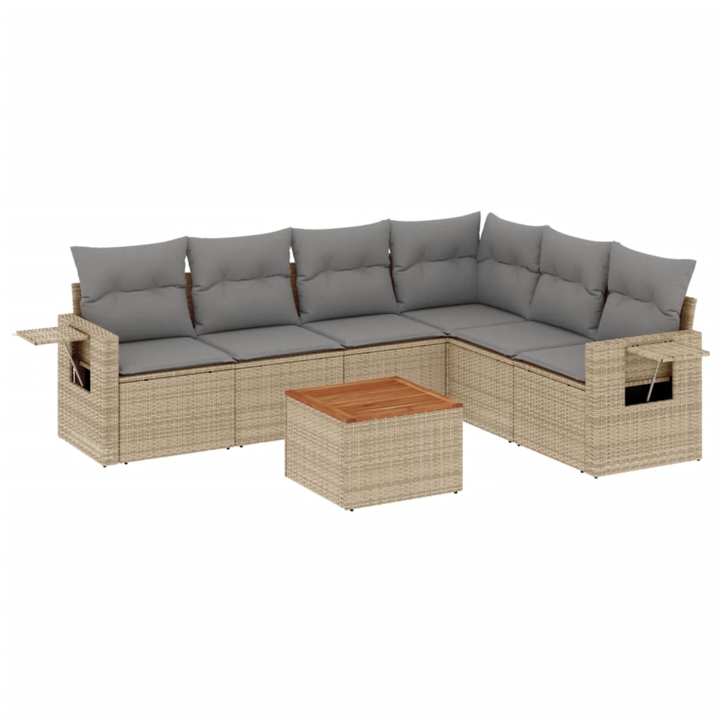 7-delige Loungeset met kussens poly rattan beige