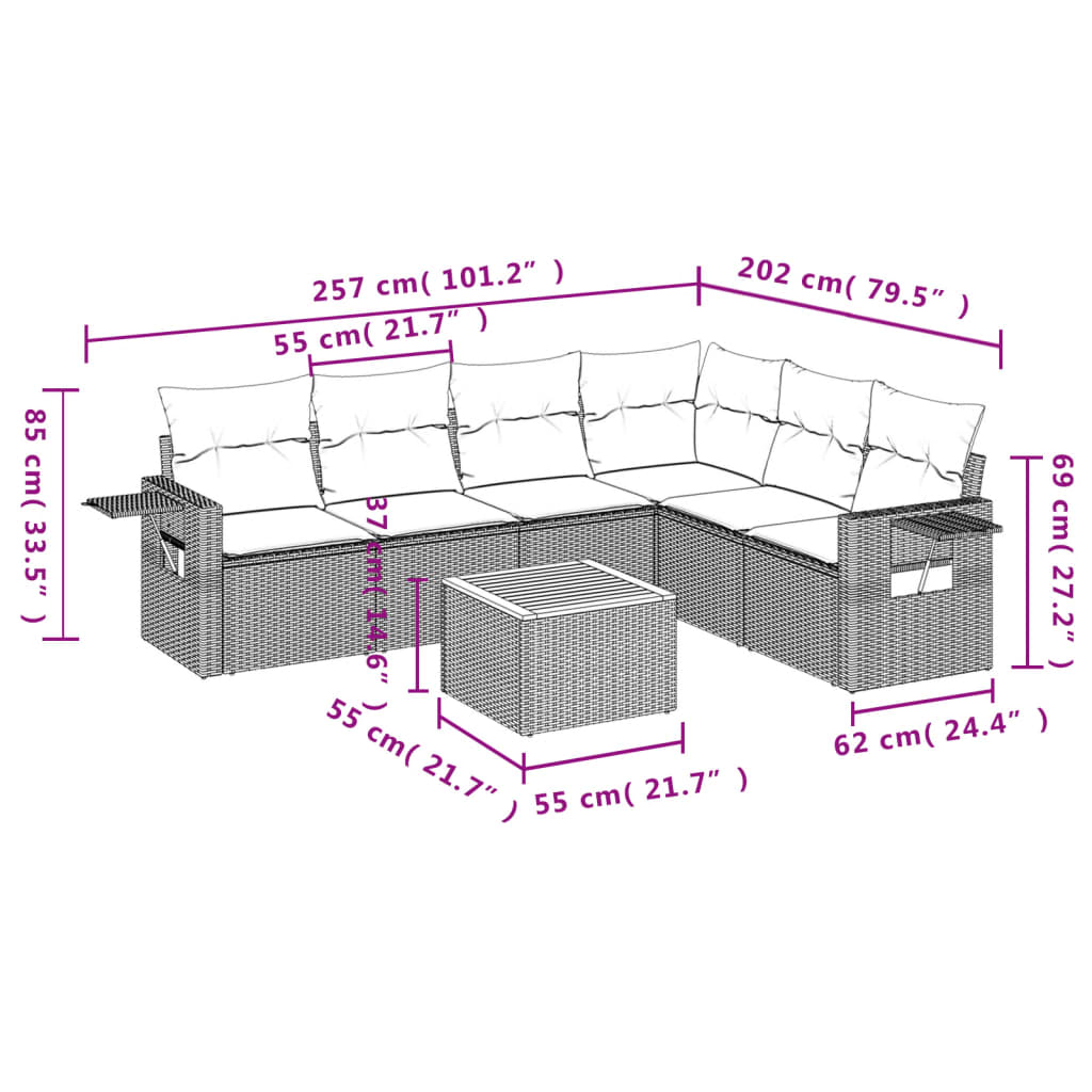 7-delige Loungeset met kussens poly rattan beige