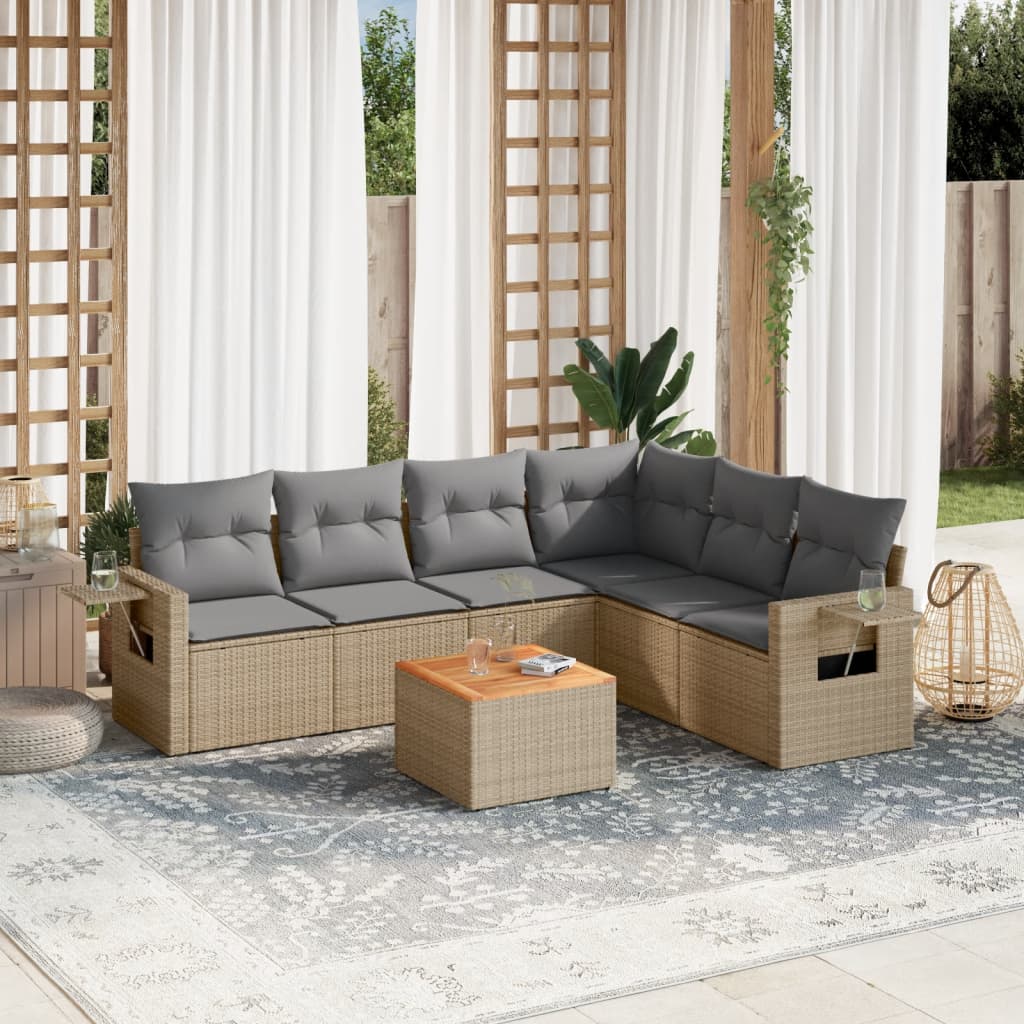 7-delige Loungeset met kussens poly rattan beige