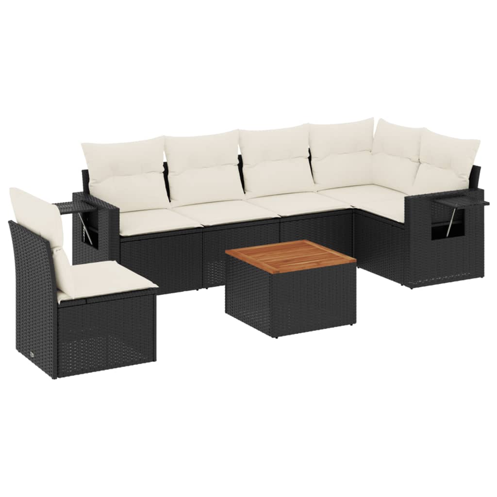 7-delige Loungeset met kussens poly rattan zwart