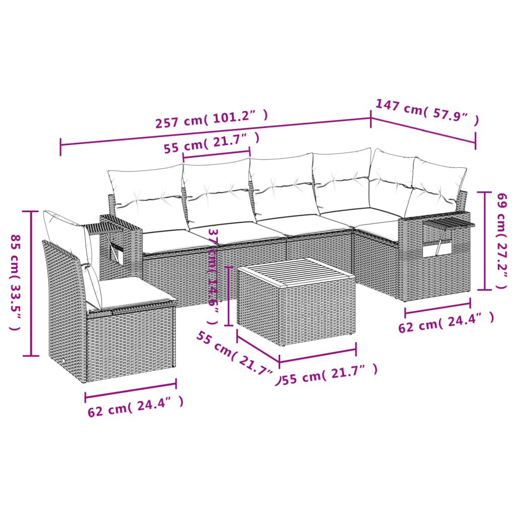 7-delige Loungeset met kussens poly rattan zwart