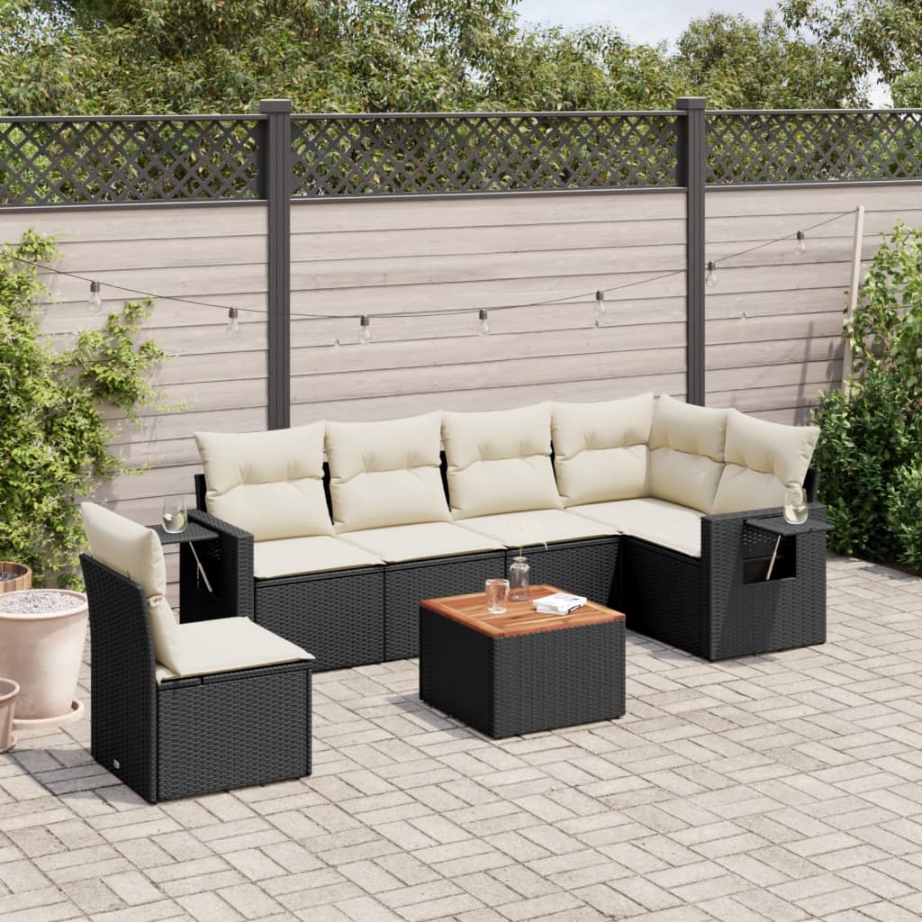 7-delige Loungeset met kussens poly rattan zwart