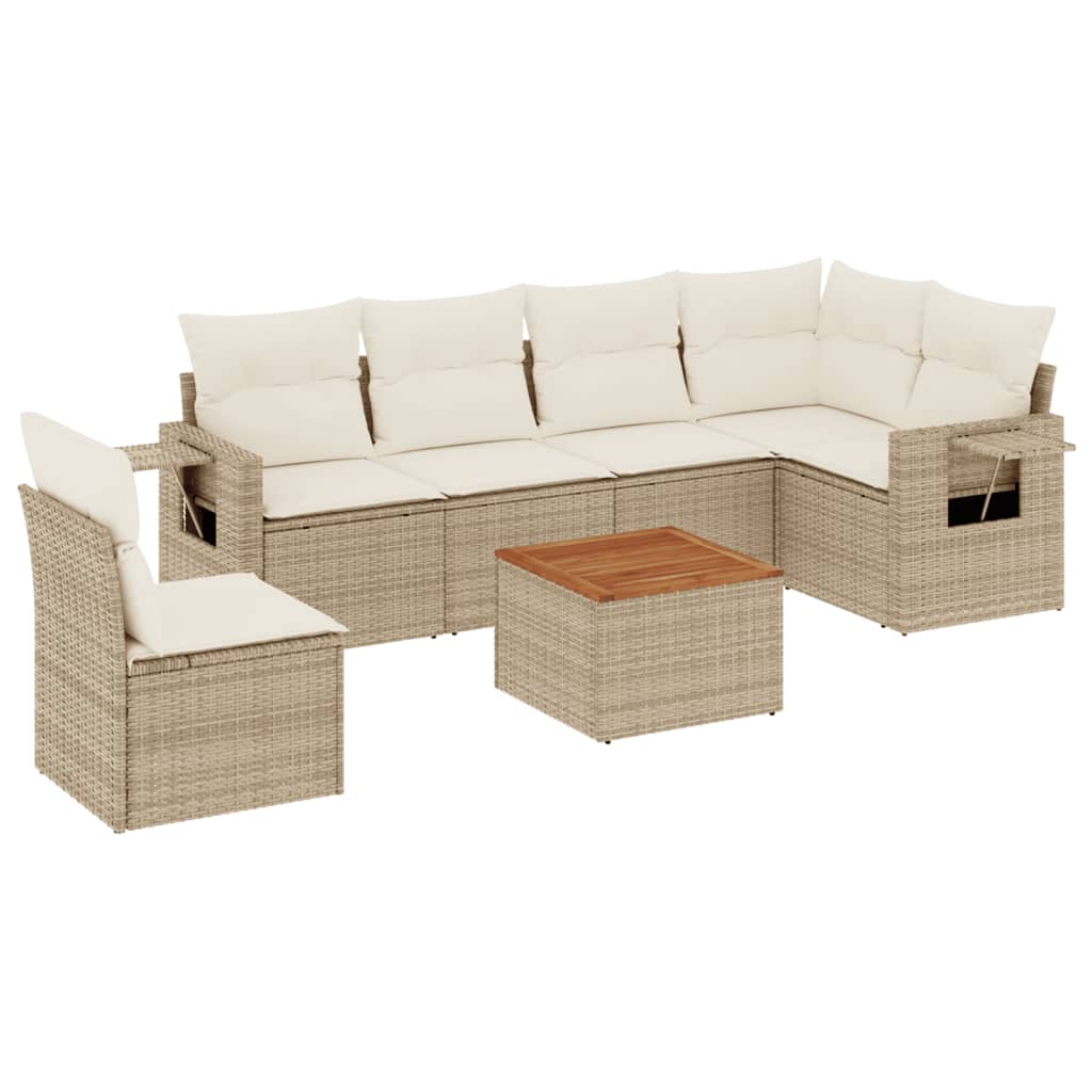 7-delige Loungeset met kussens poly rattan beige