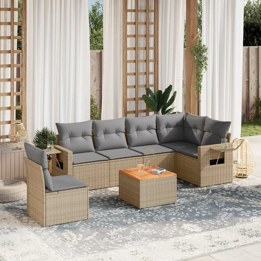 7-delige Loungeset met kussens poly rattan beige