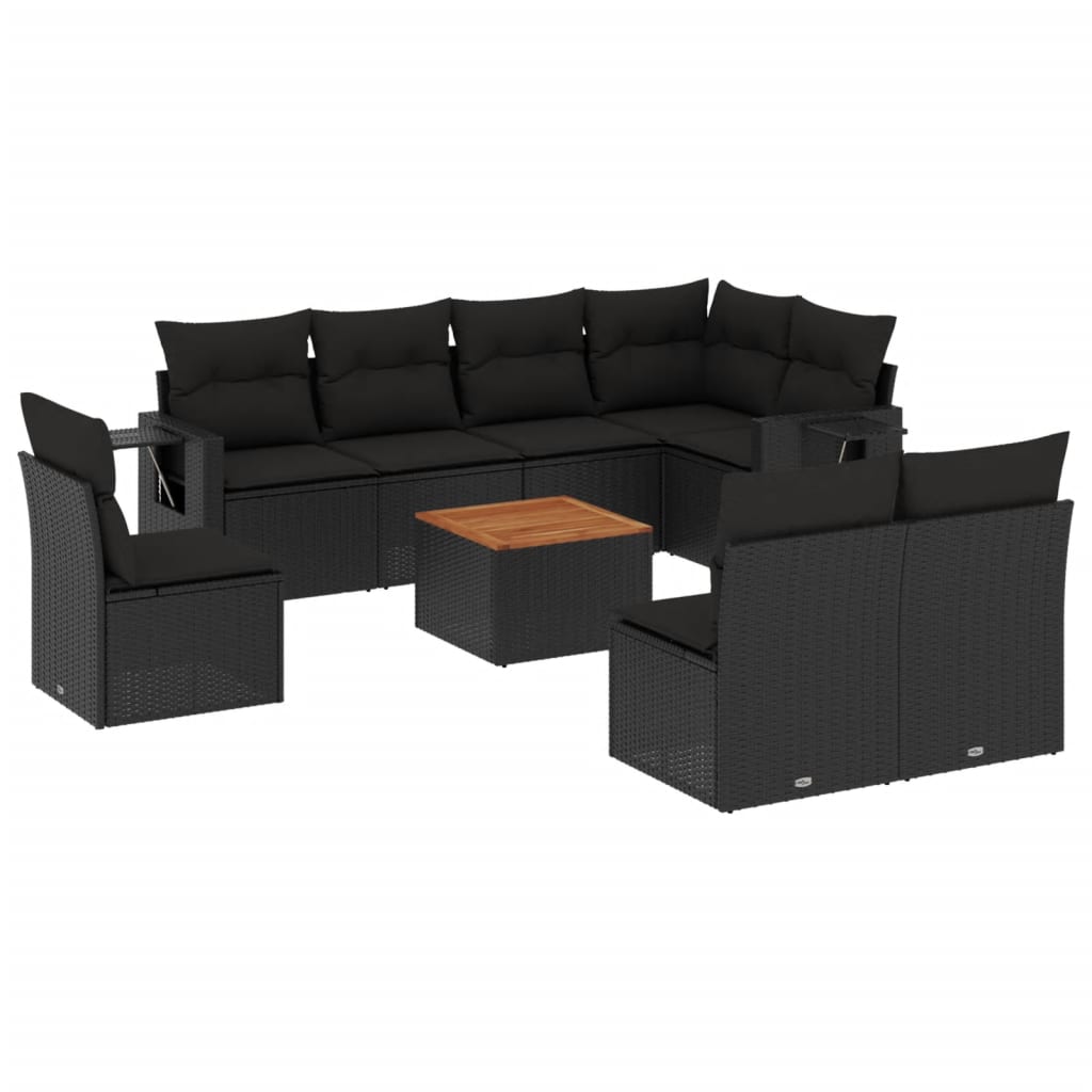 9-delige Loungeset met kussens poly rattan zwart