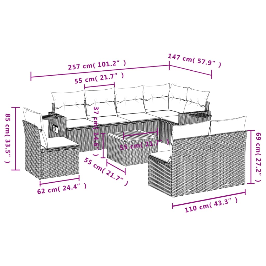 9-delige Loungeset met kussens poly rattan zwart