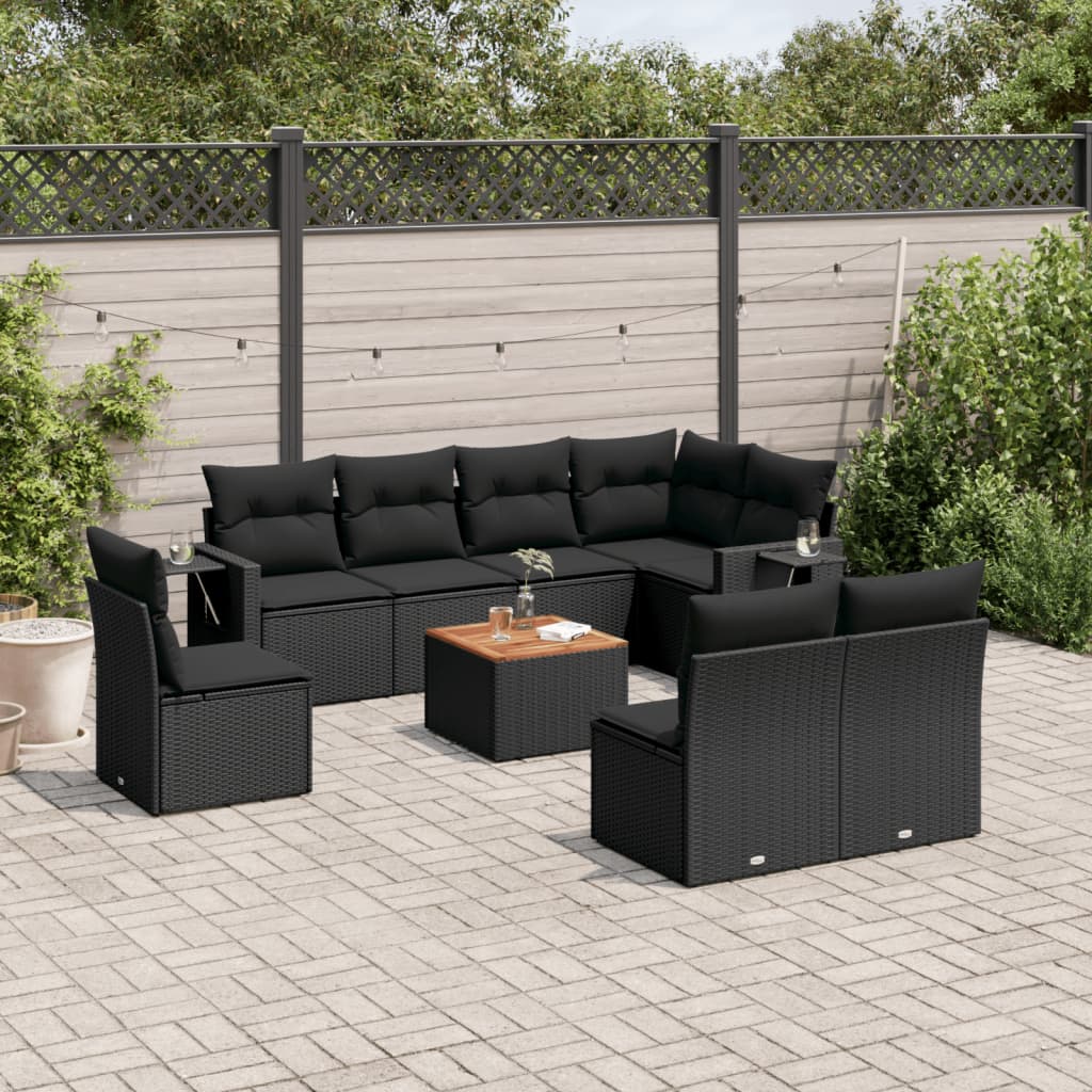 9-delige Loungeset met kussens poly rattan zwart