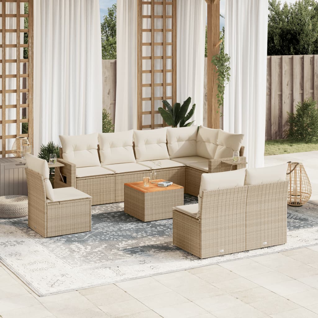 9-delige Loungeset met kussens poly rattan beige