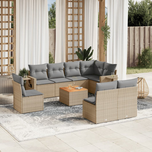 9-delige Loungeset met kussens poly rattan beige