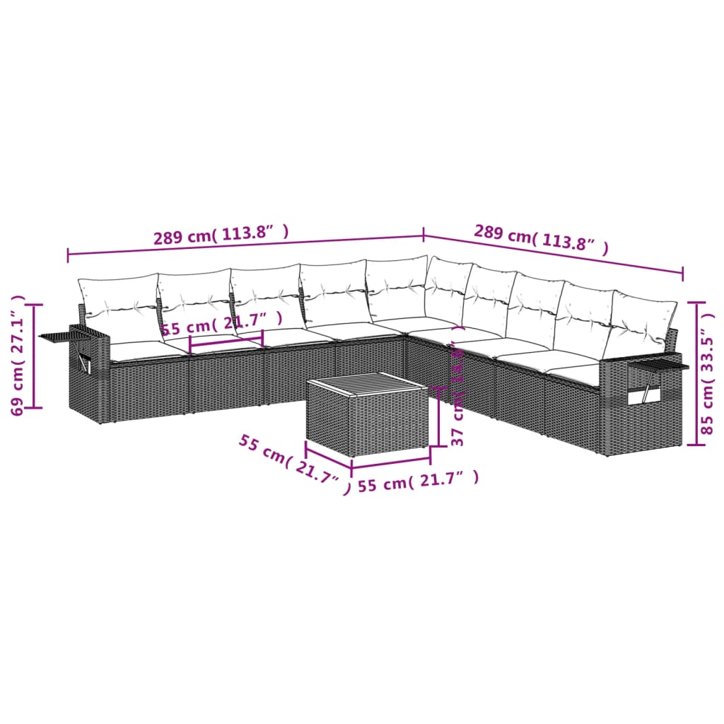 10-delige Loungeset met kussens poly rattan zwart