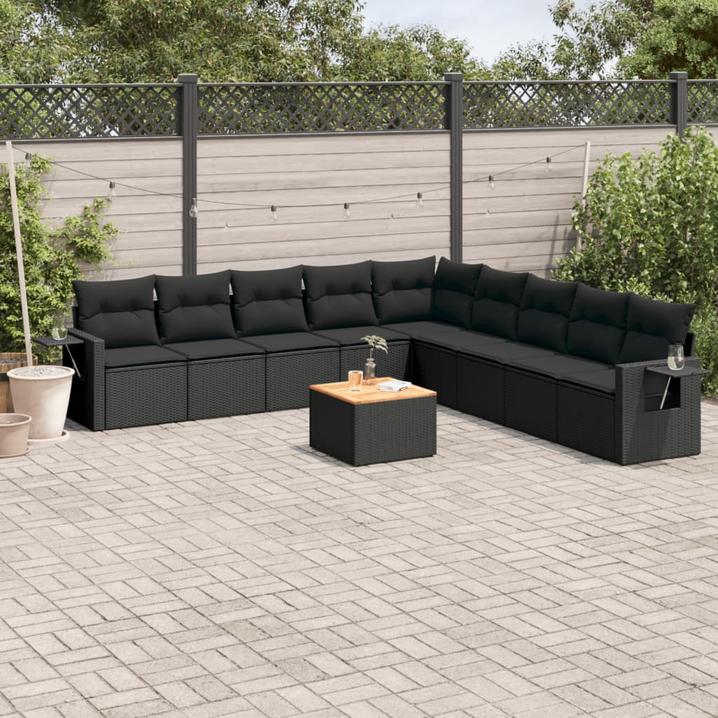 10-delige Loungeset met kussens poly rattan zwart