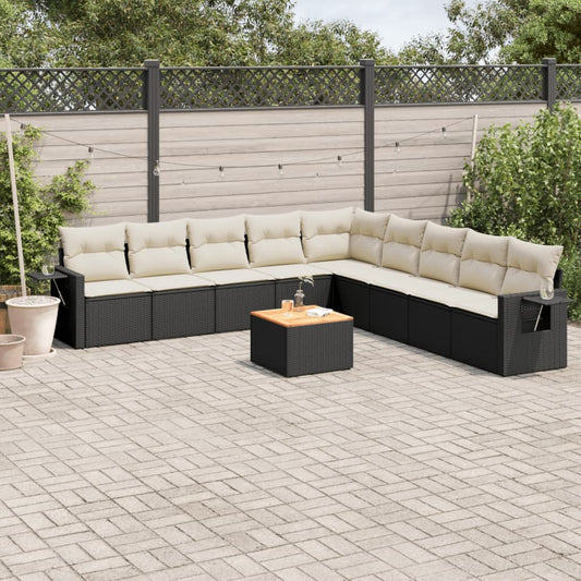 10-delige Loungeset met kussens poly rattan zwart