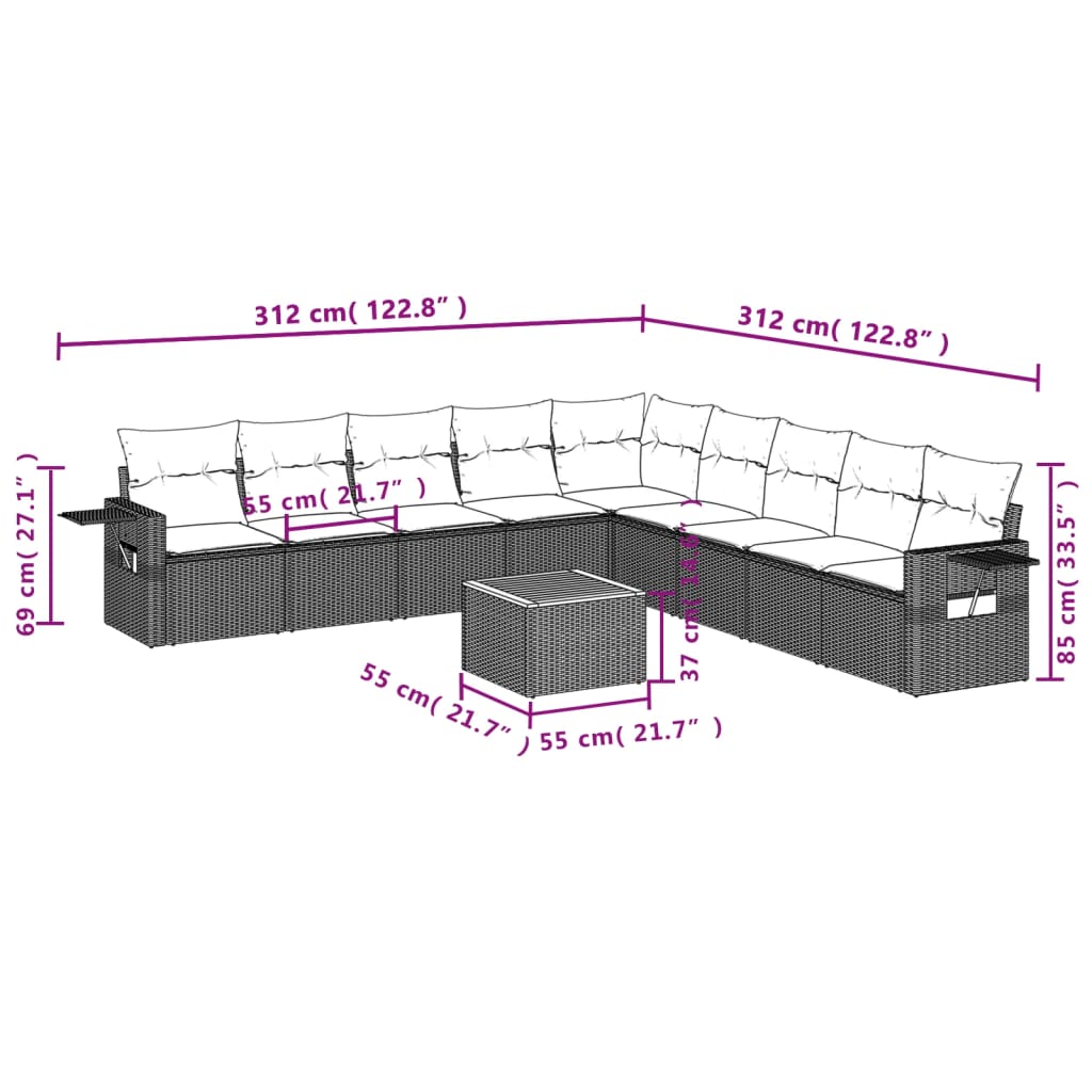 10-delige Loungeset met kussens poly rattan grijs Modulaire tuinbanken | Creëer jouw Trendy Thuis | Gratis bezorgd & Retour | Trendy.nl