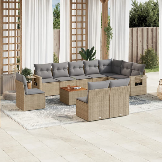 11-delige Tuinset met kussens poly rattan beige