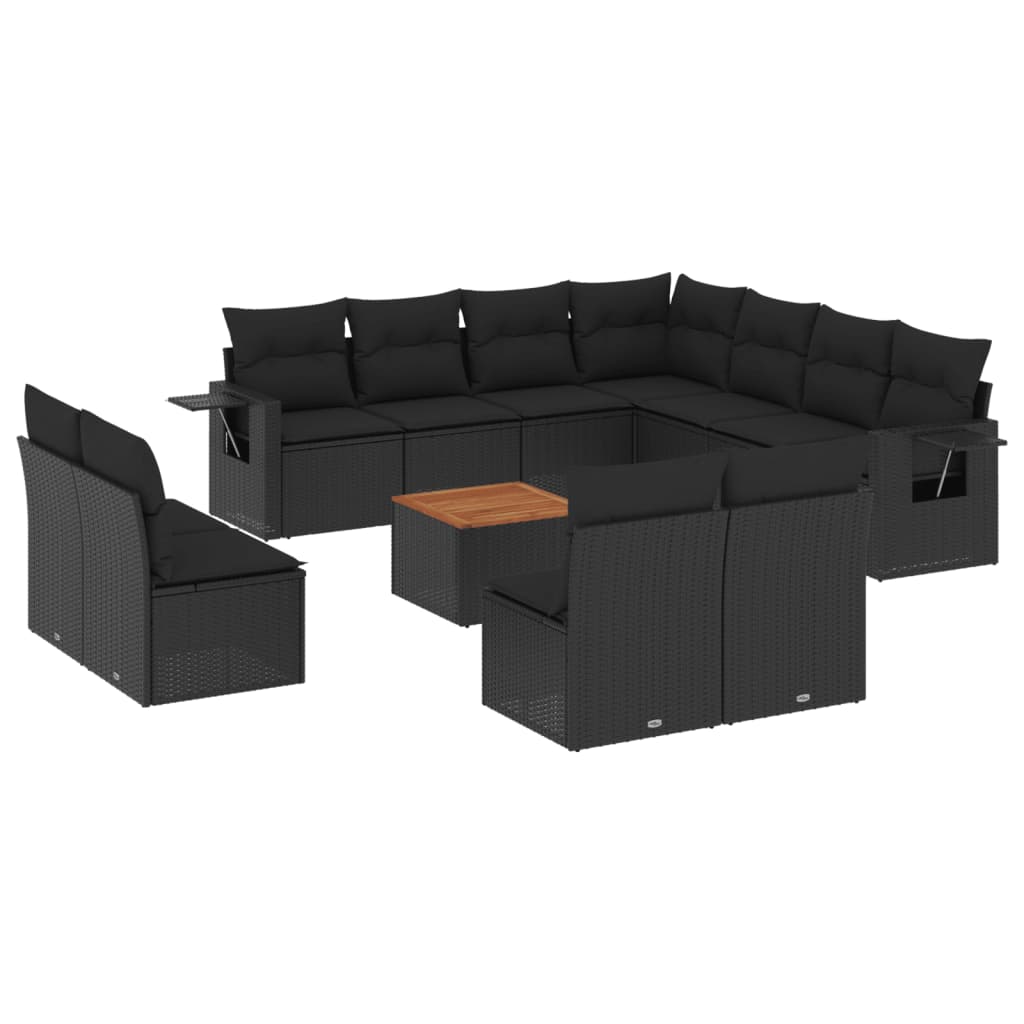 12-delige Loungeset met kussens poly rattan zwart