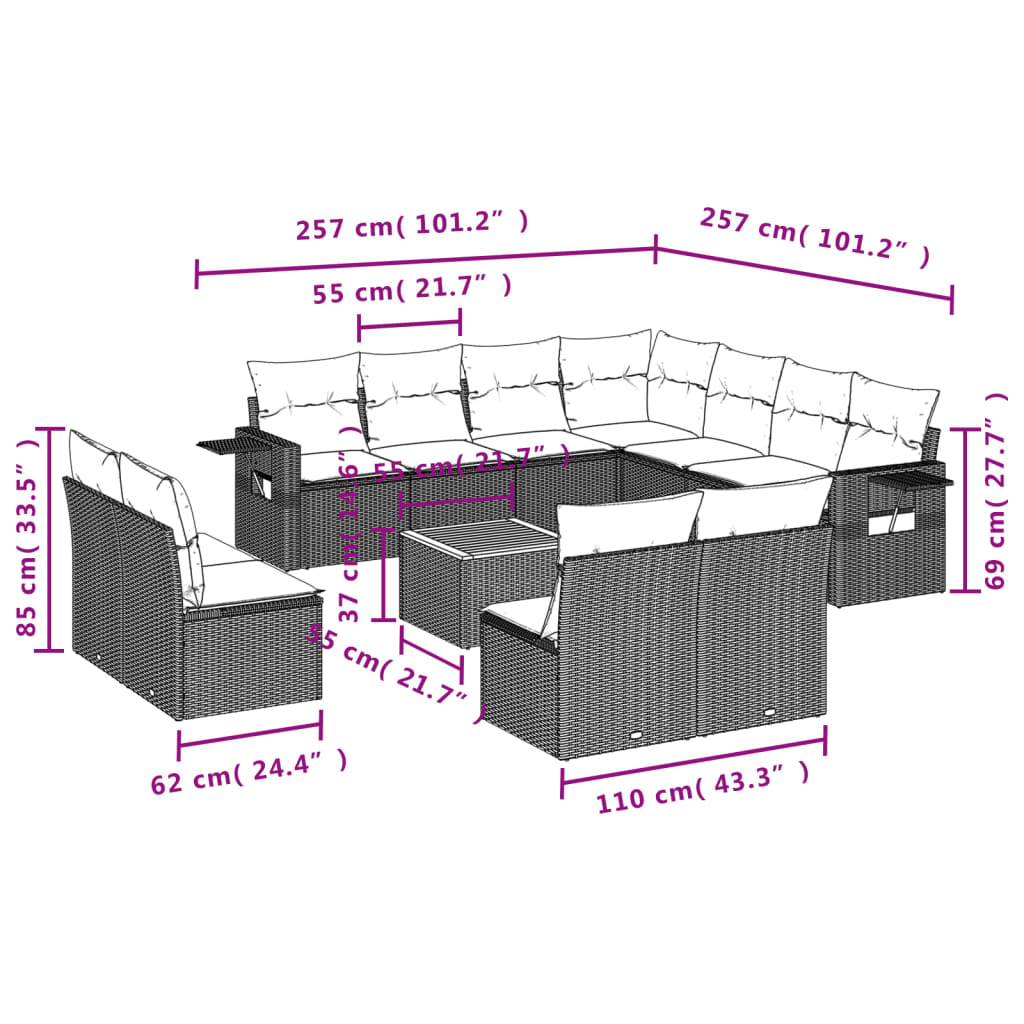 12-delige Loungeset met kussens poly rattan zwart Modulaire tuinbanken | Creëer jouw Trendy Thuis | Gratis bezorgd & Retour | Trendy.nl