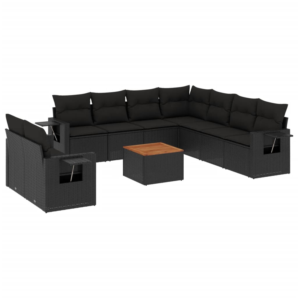 10-delige Loungeset met kussens poly rattan zwart