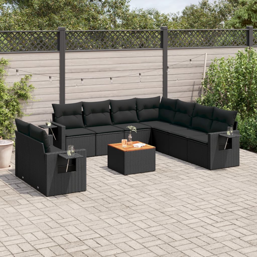 10-delige Loungeset met kussens poly rattan zwart