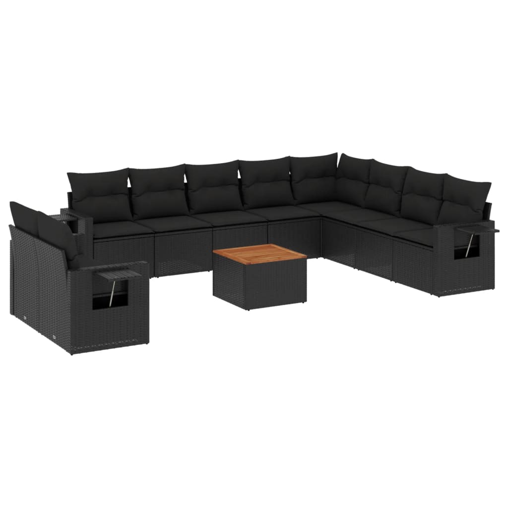 11-delige Loungeset met kussens poly rattan zwart