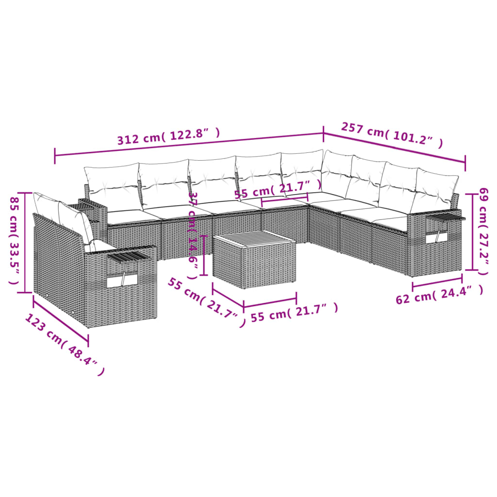 11-delige Loungeset met kussens poly rattan zwart