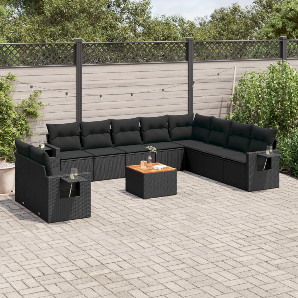 11-delige Loungeset met kussens poly rattan zwart