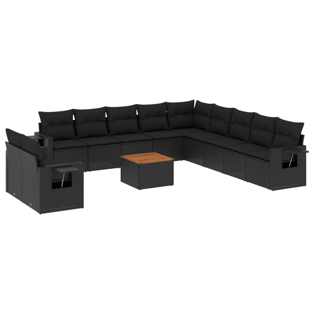 12-delige Loungeset met kussens poly rattan zwart