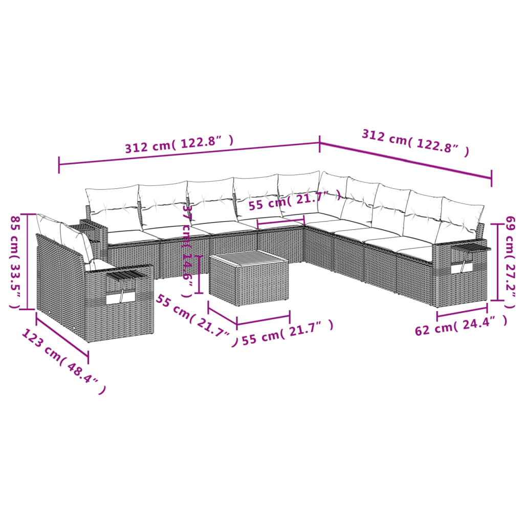 12-delige Loungeset met kussens poly rattan zwart