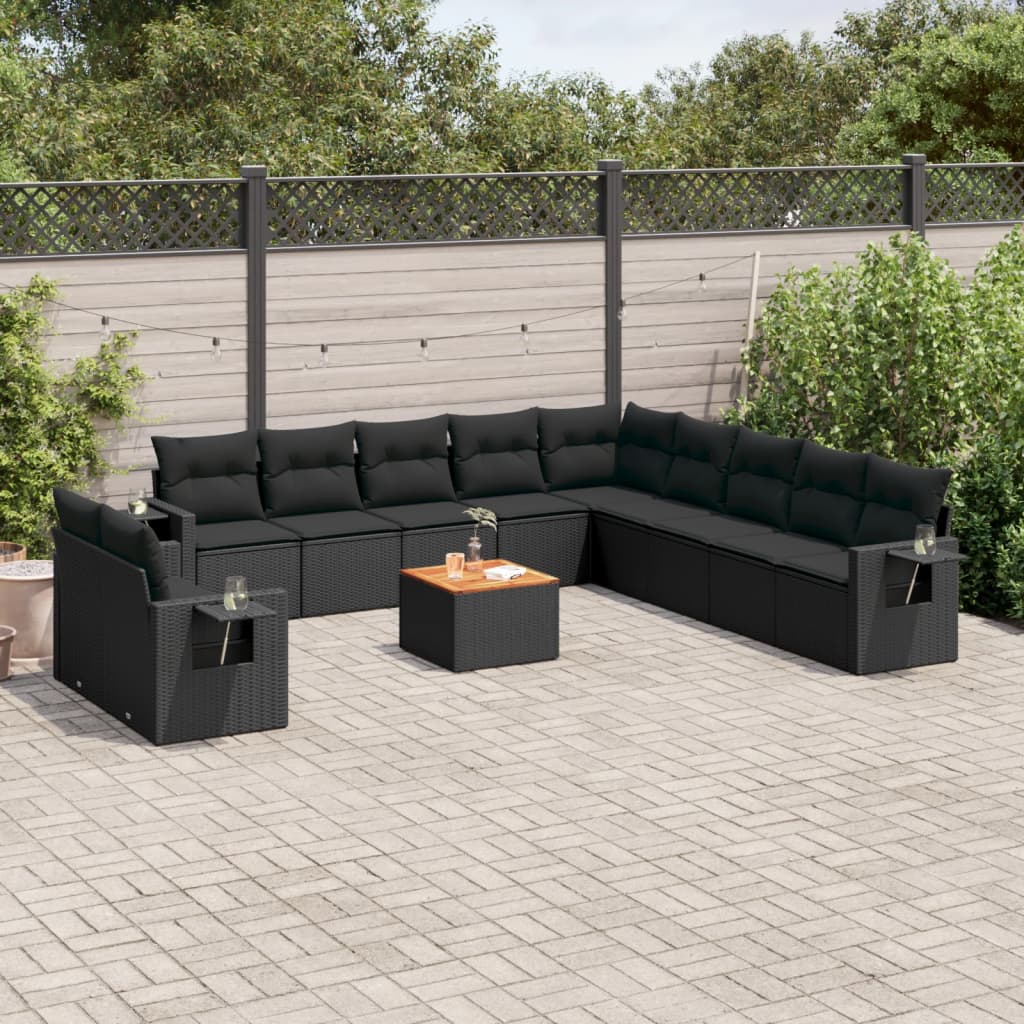 12-delige Loungeset met kussens poly rattan zwart