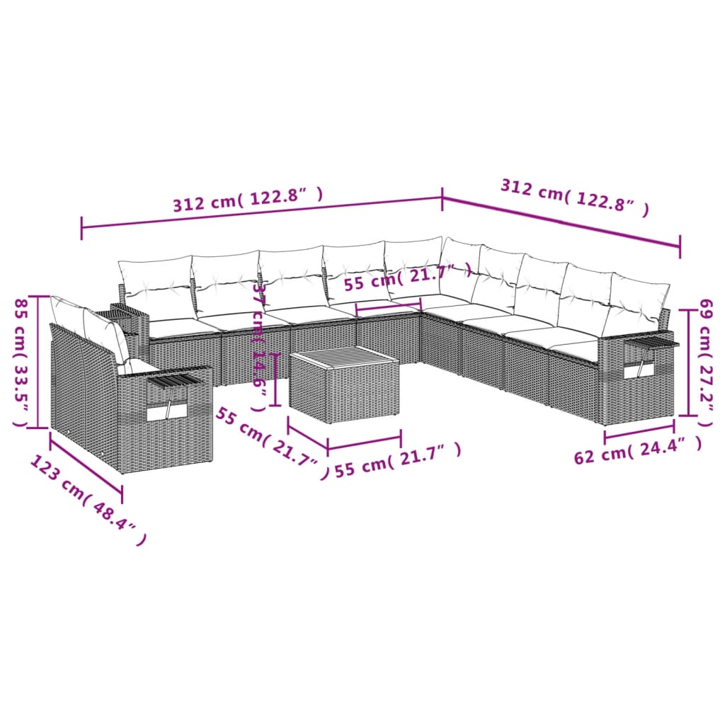 12-delige Loungeset met kussens poly rattan zwart Modulaire tuinbanken | Creëer jouw Trendy Thuis | Gratis bezorgd & Retour | Trendy.nl